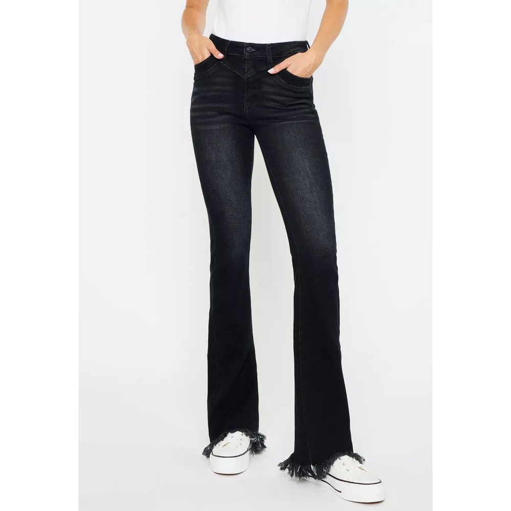 Kancan High Rise Black Wash Frayed Hem Bootcut Jeans Sz 25 Western Boho Festival